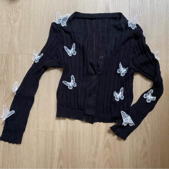 Sweaters - Black Butterfly Cardigan - Y2K Coquette